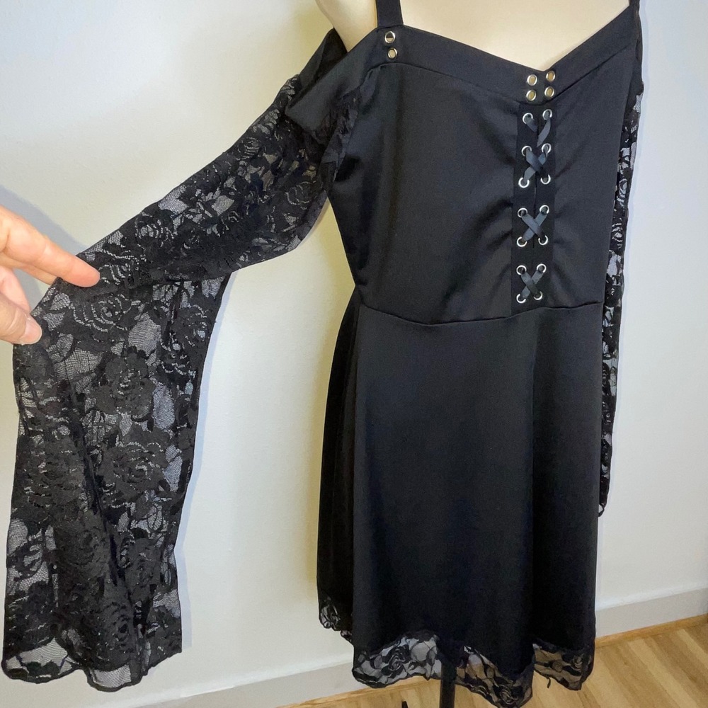 Whimsigoth Punk Black Dress Lace Sleeve Cold Shoulder Gothic Grunge L Black